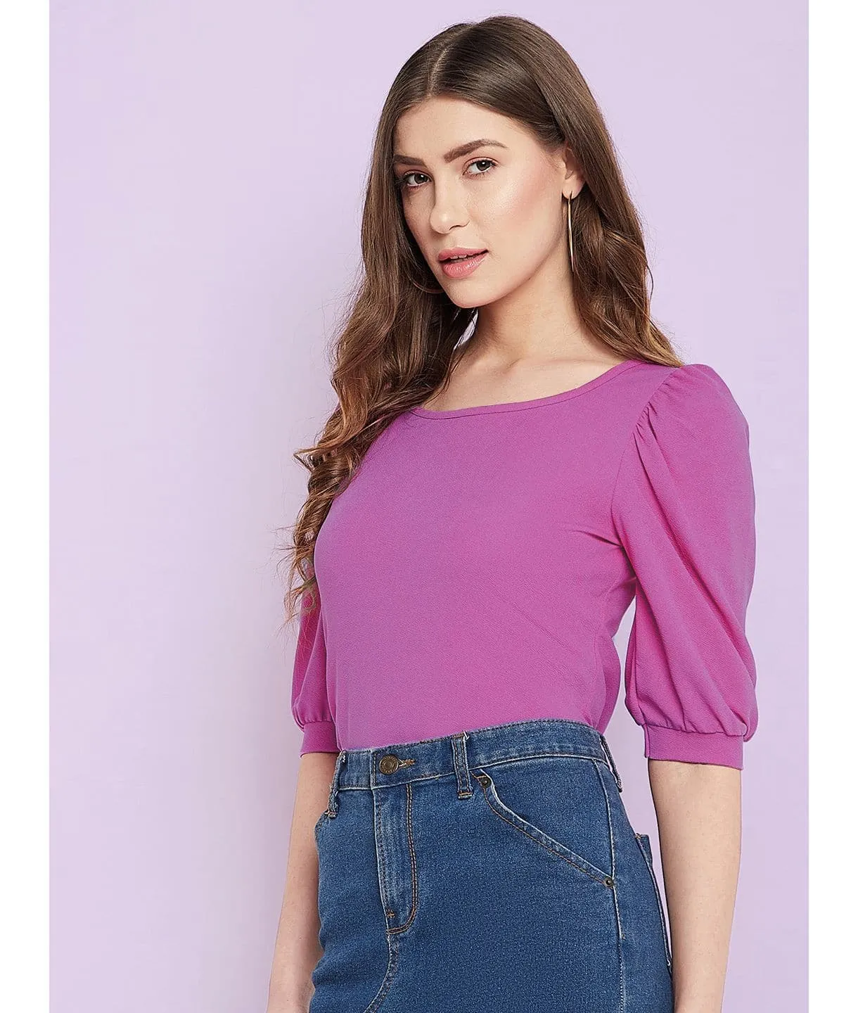 Cotton Stretchable Round Neck Puff Sleeve Top