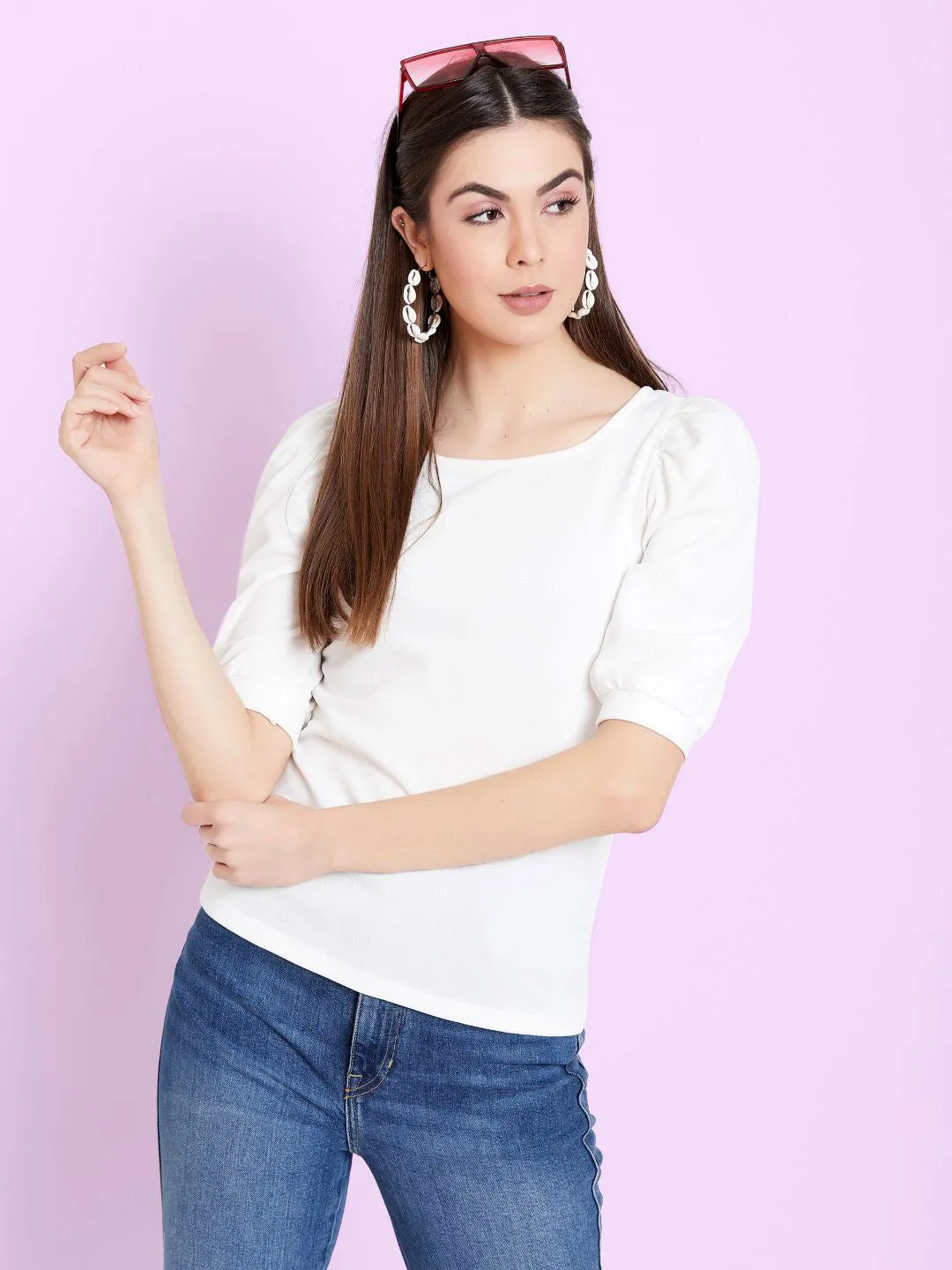 Cotton Stretchable Round Neck Puff Sleeve Top