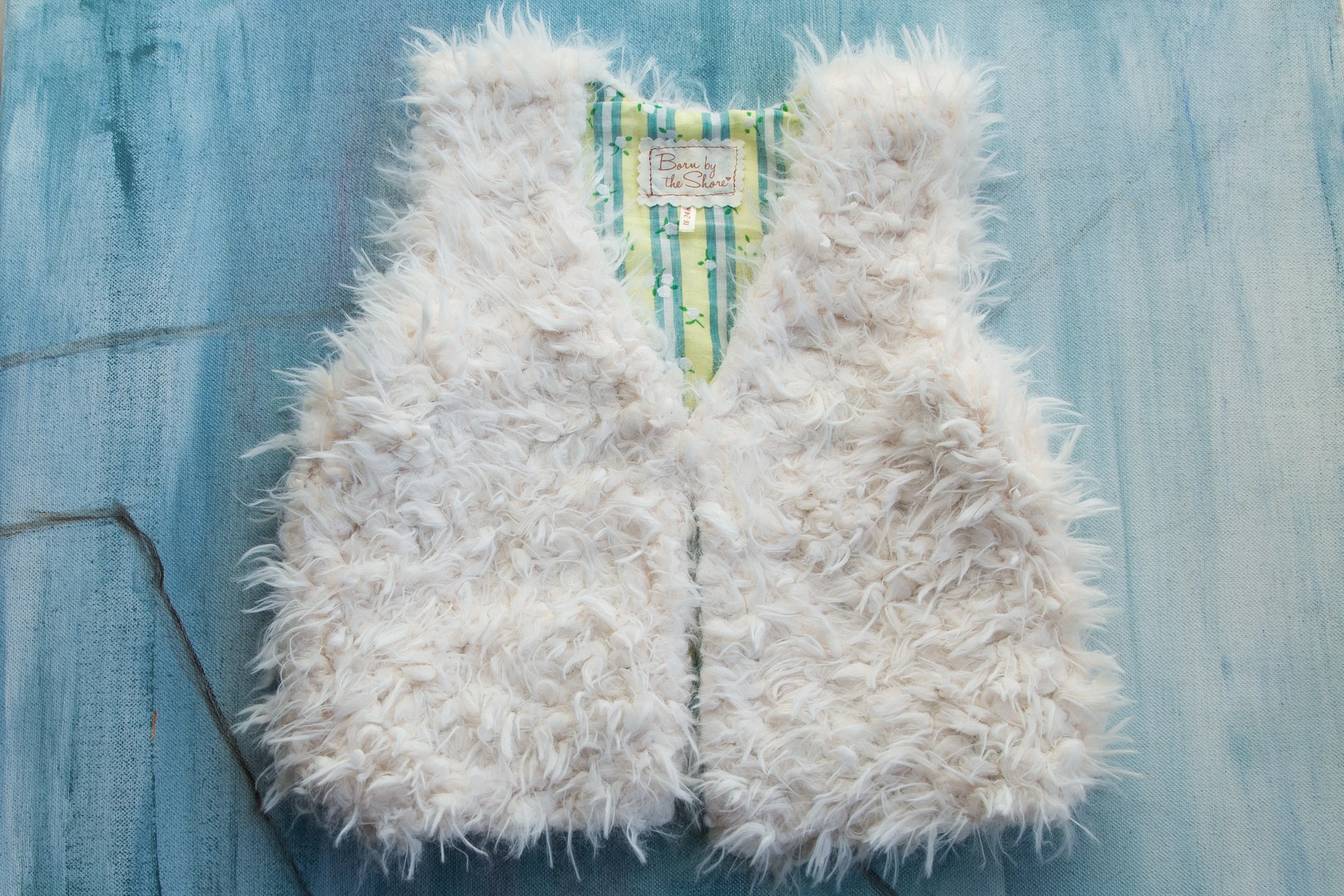 Girls White Faux Fur Vest | Flower Stripes Blue