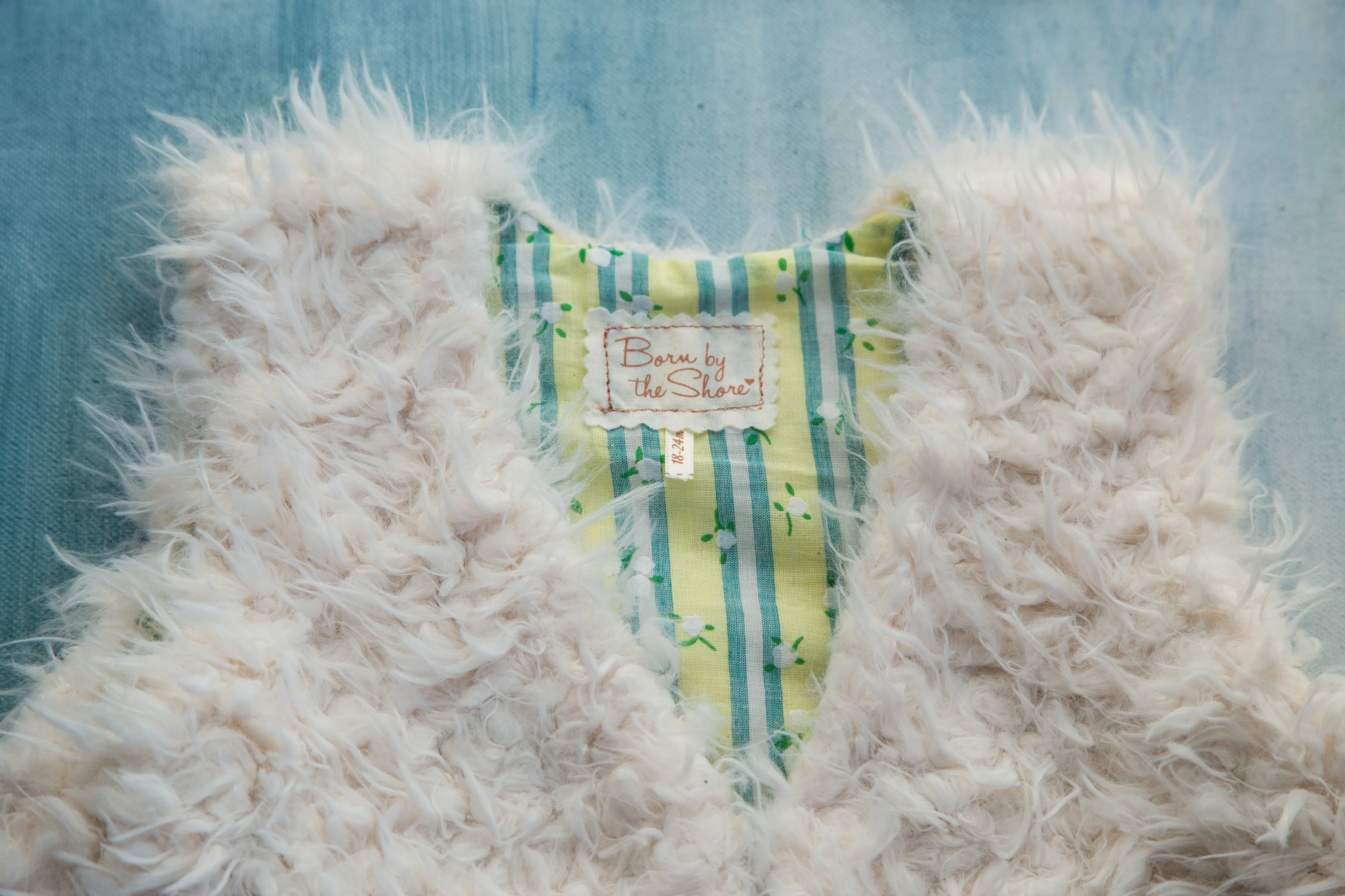 Girls White Faux Fur Vest | Flower Stripes Blue