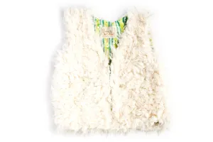 Girls White Faux Fur Vest | Flower Stripes Blue