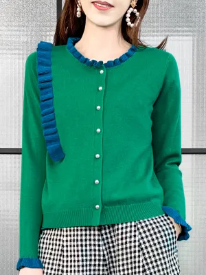 Green/ Blue Contrast Ruffle Cashmere & Wool Cardigan