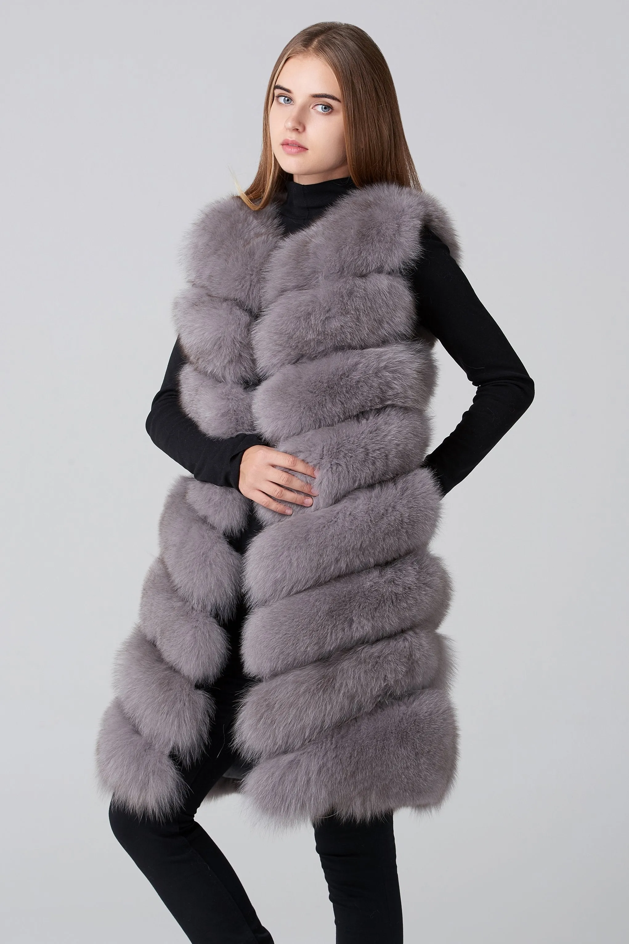 Grey Square Knee Length Fox Fur Coat