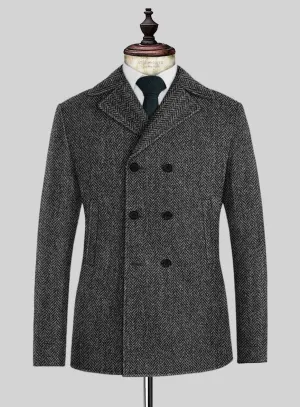 Harris Tweed Dark Gray Herringbone Pea Coat