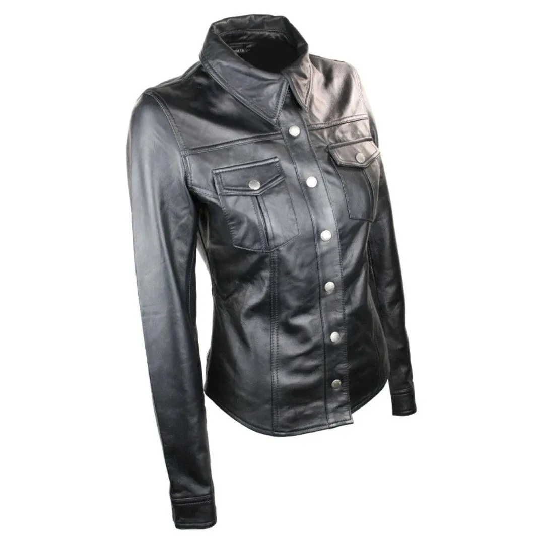 Ladies 100% Leather Jacket Shirt Style Black Short Fitted Retro