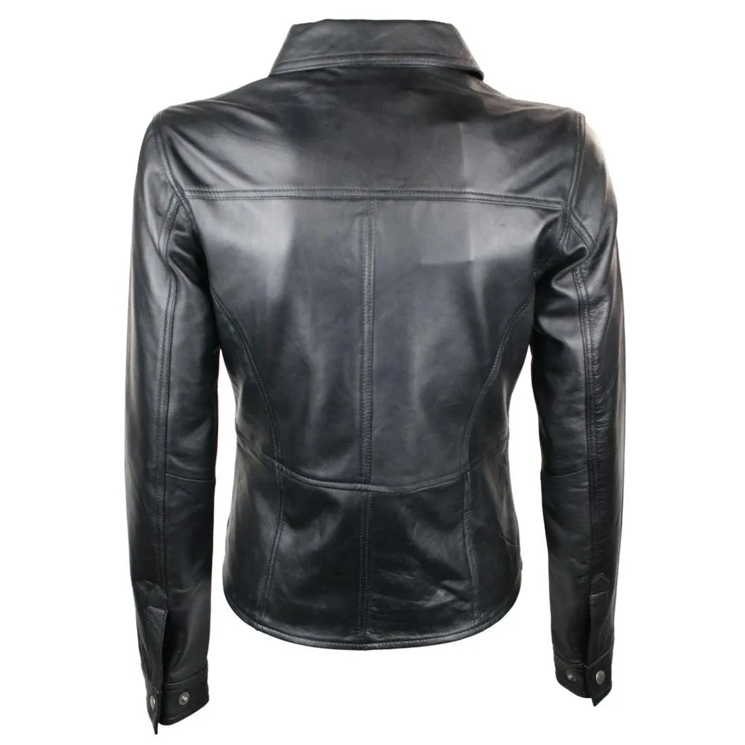 Ladies 100% Leather Jacket Shirt Style Black Short Fitted Retro