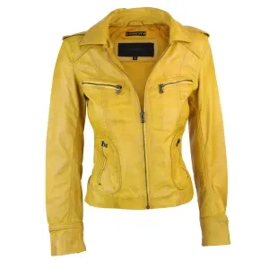 Ladies Real Leather Yellow Biker Style Fashion Jacket Size UK 6-18