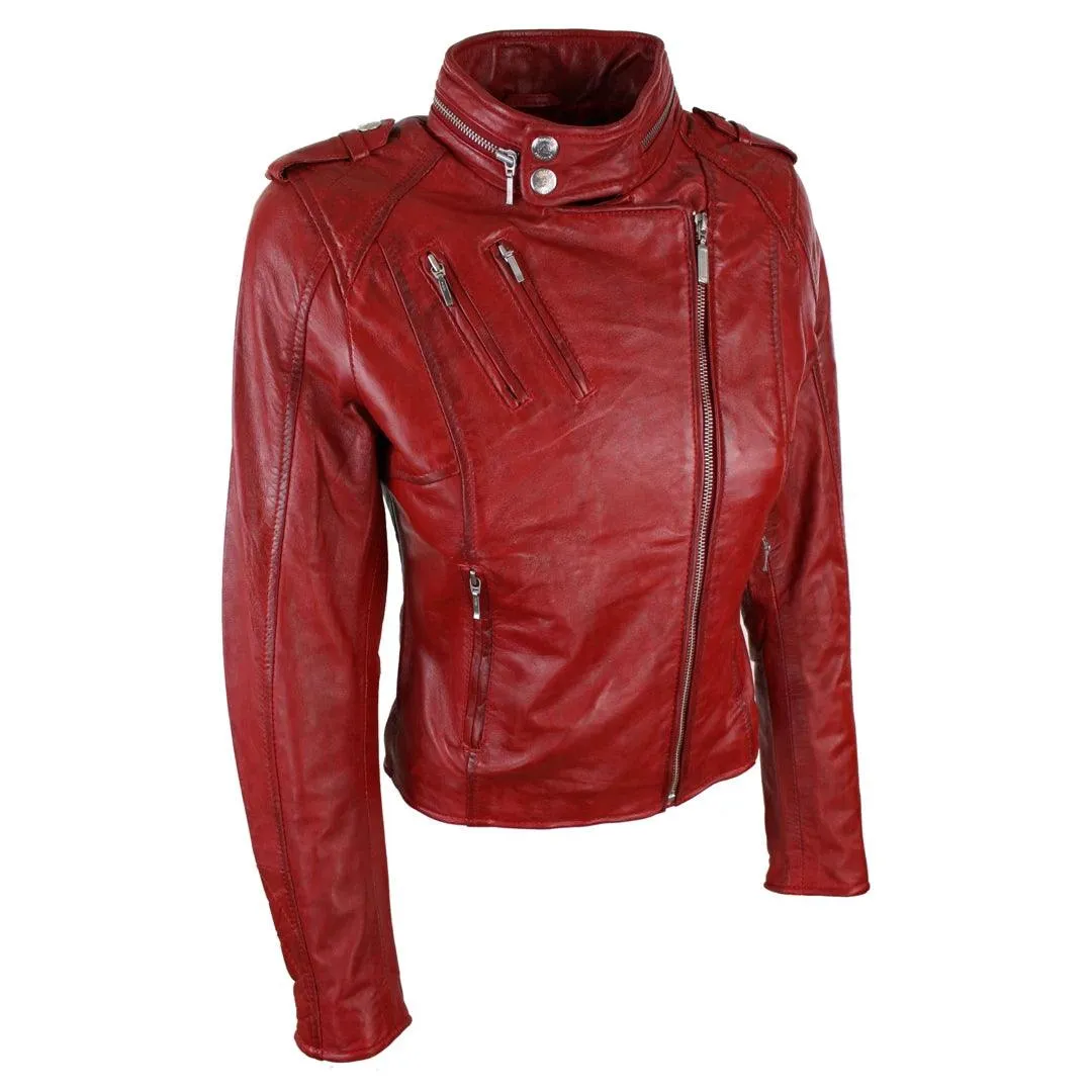 Ladies Women Genuine Real Leather Slim Fit Red Biker Jacket Velvet Lining