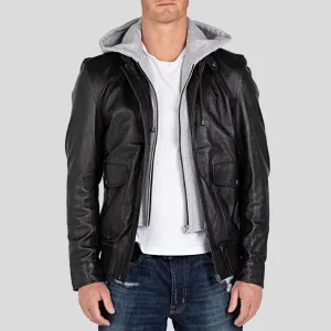 Marc Black Removable Hooded Leather Jacket