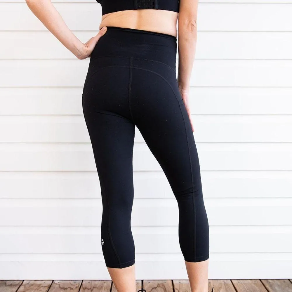 Maternity Leggings - Mama Love Pregnancy & Postpartum 3/4 Length Black Pockets