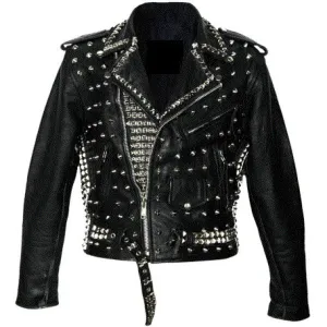 Men's Black Silver Studded Leather Biker Jacket with Belt