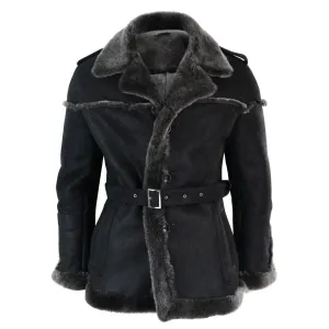 Mens Double Breasted Real Sherling Navy Captain Sheepskin Jacket Belted Grey Black