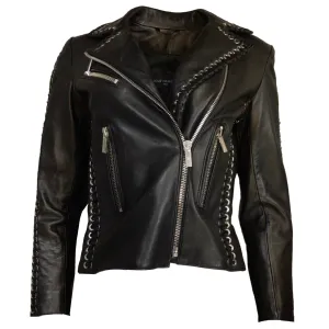 Nour Hammour Black Lace Detail Moto Zip Lambskin Leather Jacket